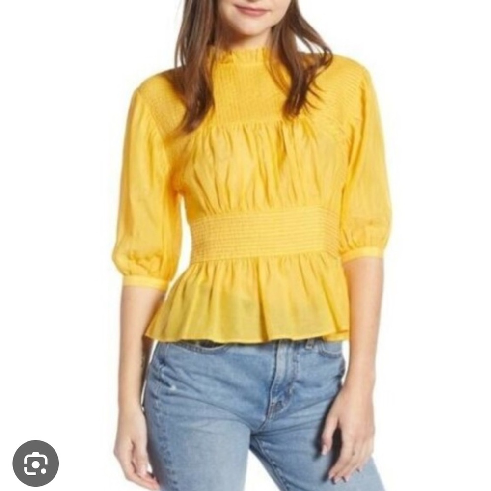Something Navy Yellow Puff Sleeve Smocked Blouse